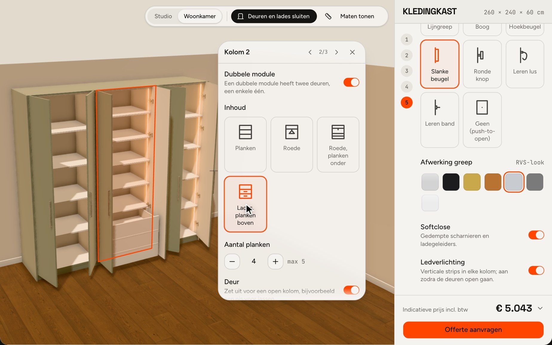 De kledingkastconfigurator: de kast in 3D met rechts de keuzes en de prijs